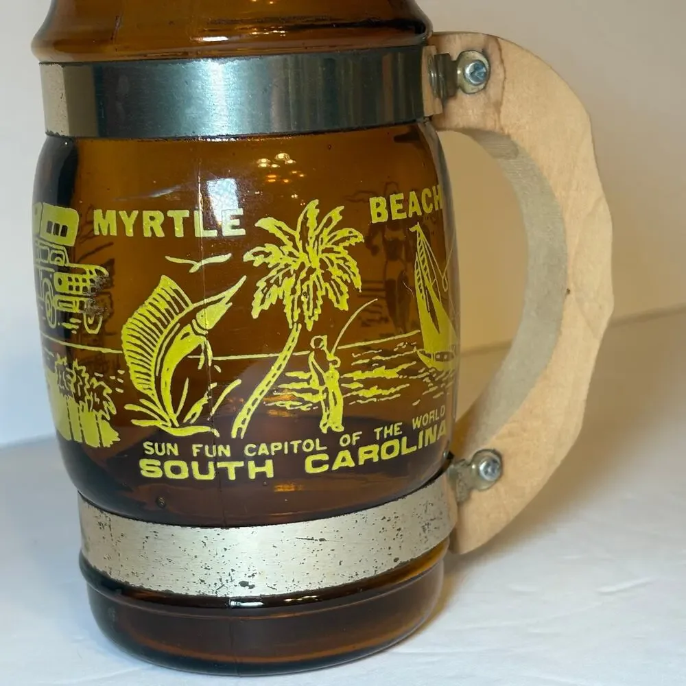 Vintage Myrtle Beach South Carolina Souvenir Brown Glass Barrel Mug Wood Handle